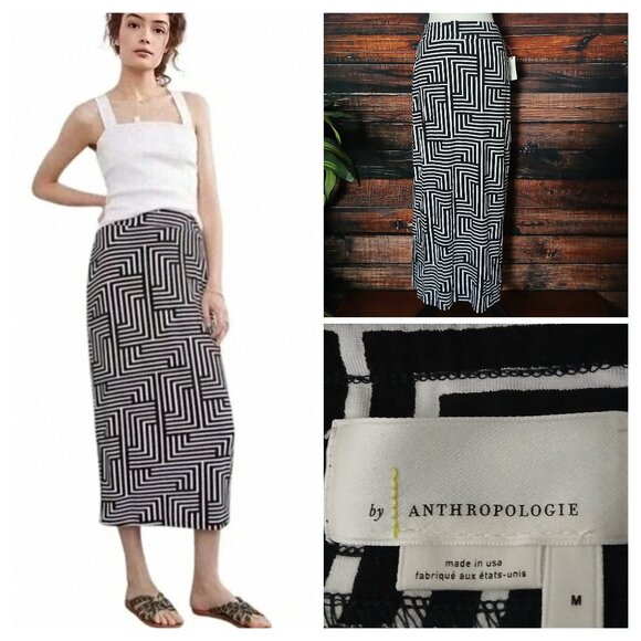 NWT By Anthropologie Midi Skirt M Black White Labyrinth Made in USA Stretch - Picture 1 of 12